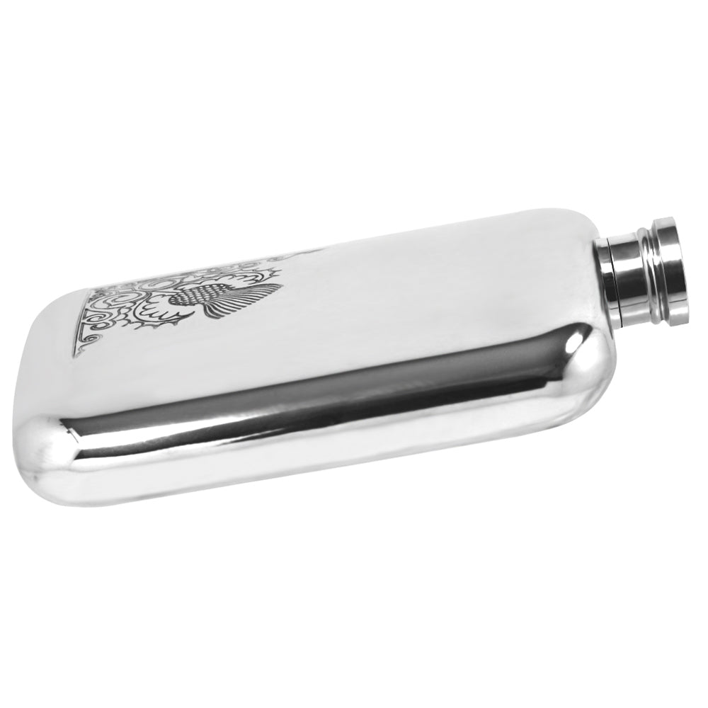 English Factory 6oz Pewter Hip Flask With Scottish Thistle Design