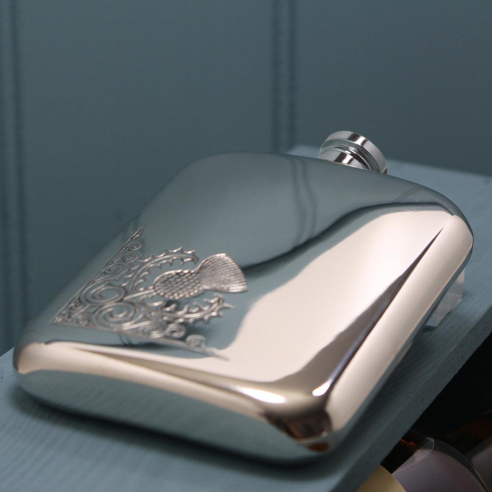 English Factory 6oz Pewter Hip Flask With Scottish Thistle Design