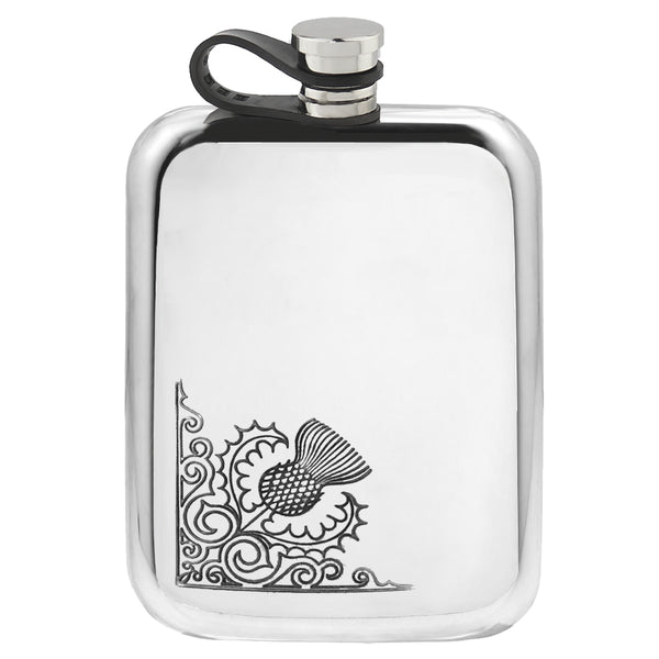 english factory 6oz Pewter Hip Flask With Scottish Thistle Design and Flexi Cap