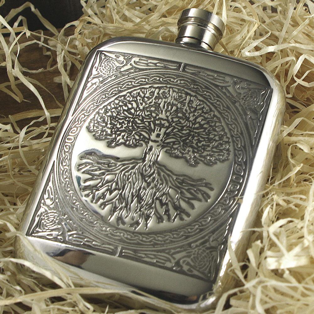 English Factory 6oz Pewter Hip Flask With Stunning Celtic Tree Of Life Design