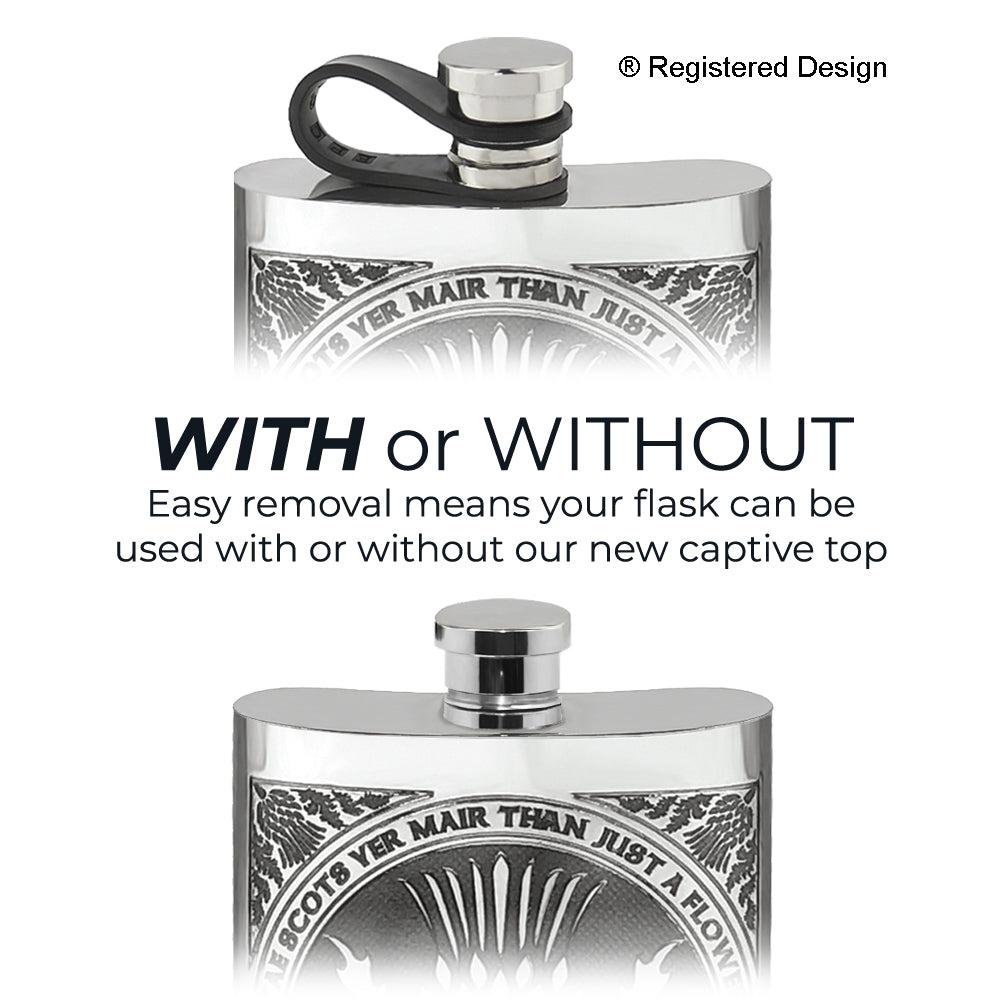 English Factory 6oz Pewter Hip Flask With Tae A Thistle Design And Flexi Cap