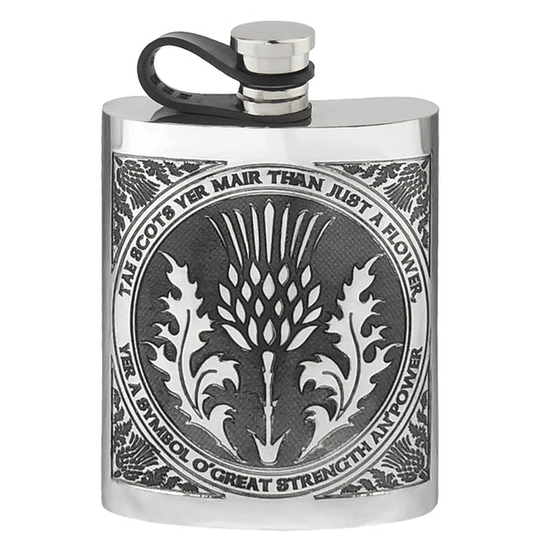 english factory 6oz Pewter Hip Flask with Tae A Thistle design and Flexi Cap