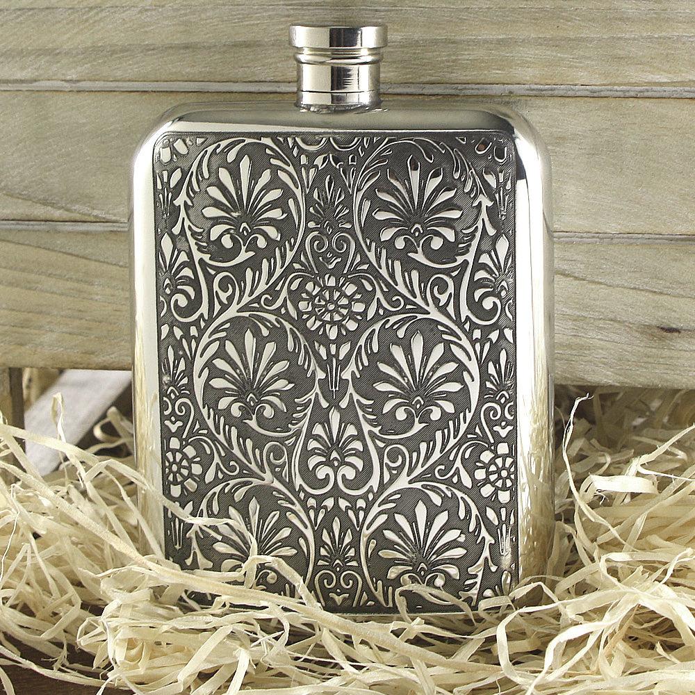 English Factory 6oz Pewter Hip Flask With Victorian Floral Design