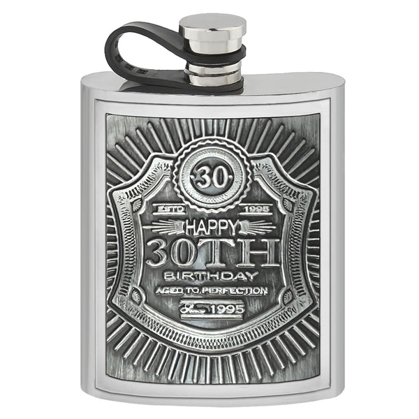 english factory 6oz Pewter Hipflask with Embossed 30th Birthday Design and Flexi Cap
