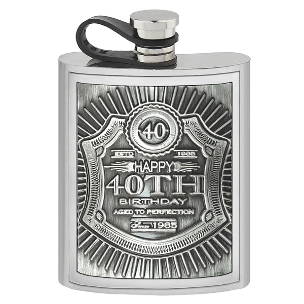 english factory 6oz Pewter Hipflask with Embossed 40th Birthday Design and Flexi Cap