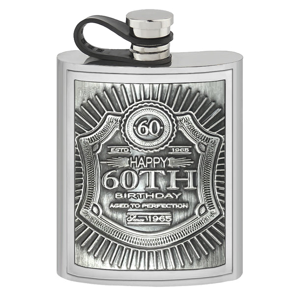 english factory 6oz Pewter Hipflask with Embossed 60th Birthday Design and Flexi Cap