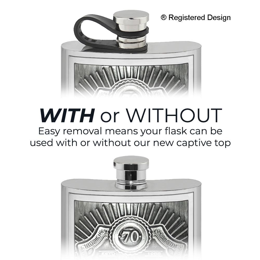 English Factory 6oz Pewter Hipflask With Embossed 70th Birthday Design And Flexi Cap