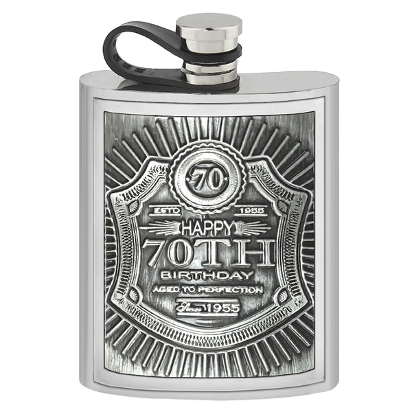 english factory 6oz Pewter Hipflask with Embossed 70th Birthday design and Flexi Cap