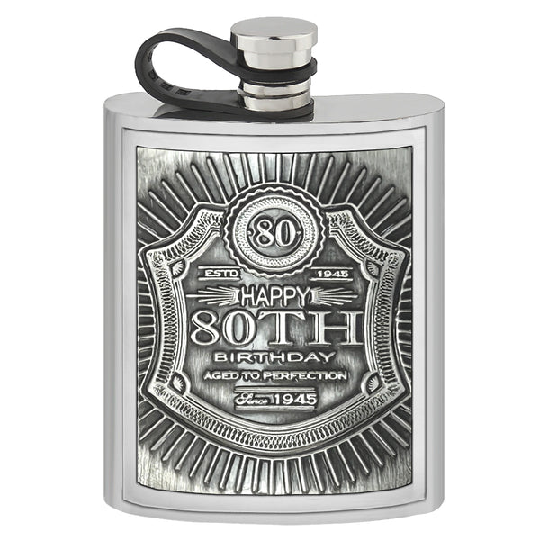 english factory 6oz Pewter Hipflask with Embossed 80th Birthday design and Flexi Cap