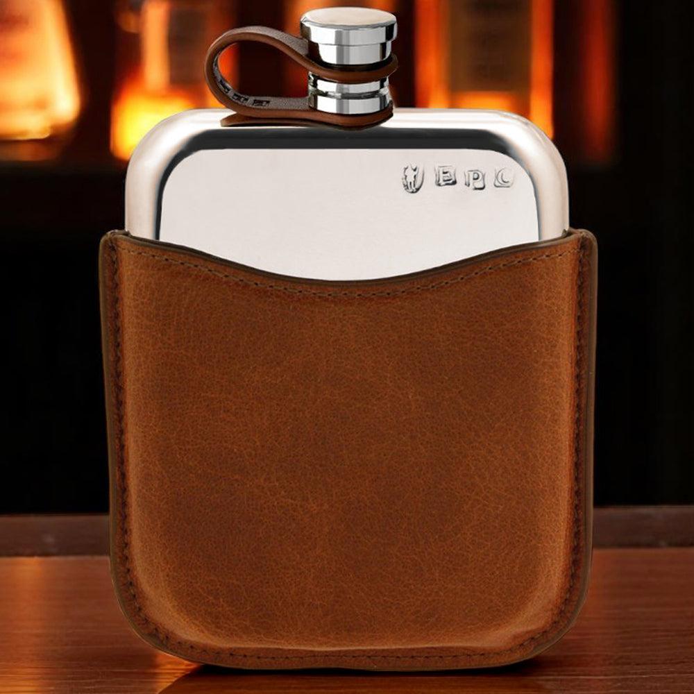 English Factory 6oz Pewter Purse Hip Flask With Genuine Tan Leather Pouch And Leather Captive Top