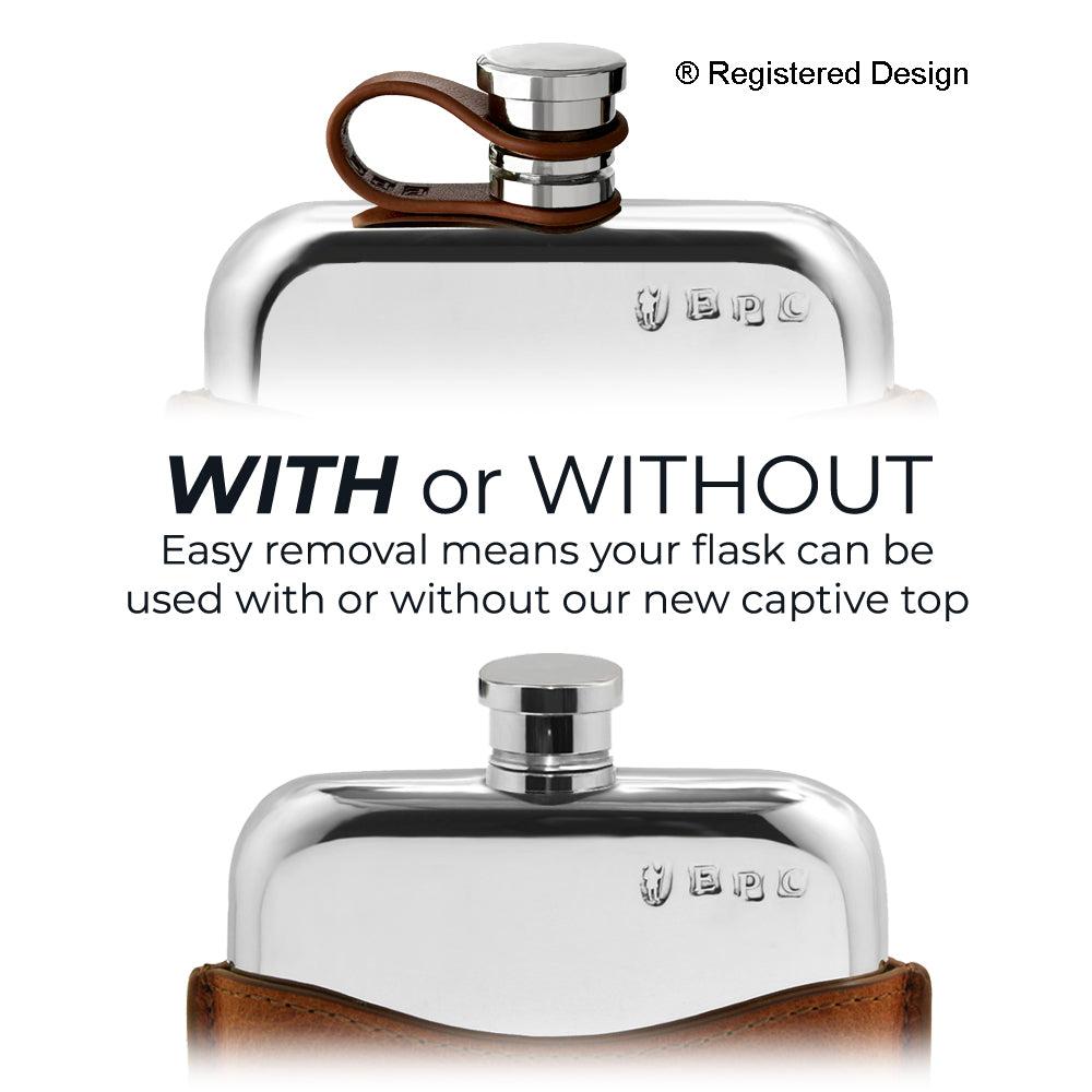 English Factory 6oz Pewter Purse Hip Flask With Genuine Tan Leather Pouch And Leather Captive Top