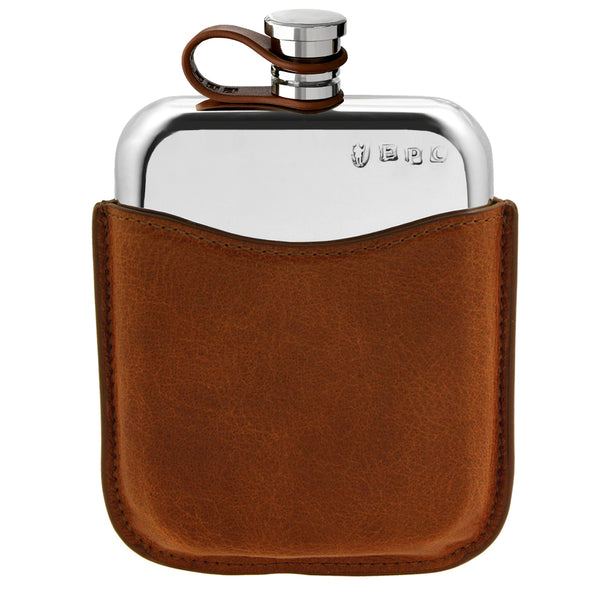 english factory 6oz Pewter Purse Hip Flask with Genuine Tan Leather Pouch and Leather Captive Top