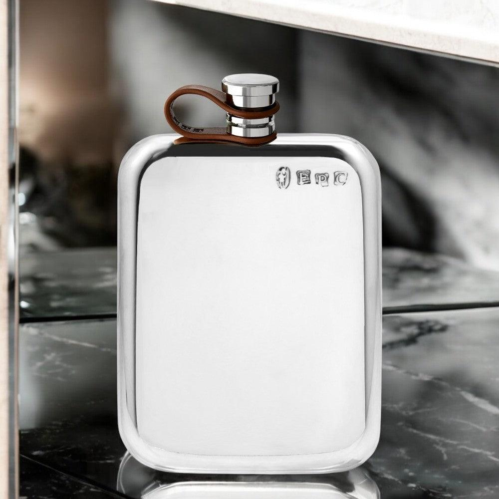 English Factory 6oz Purse Pewter Hip Flask With Leather Captive Top