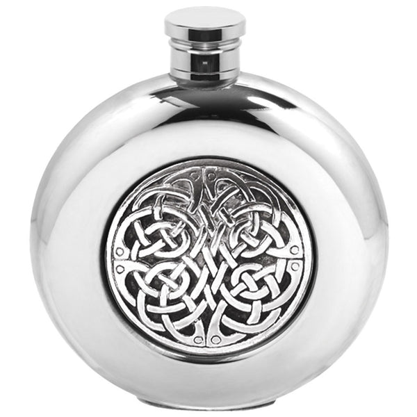 english factory 6oz Round Pewter Hip Flask with Celtic Knot Badge