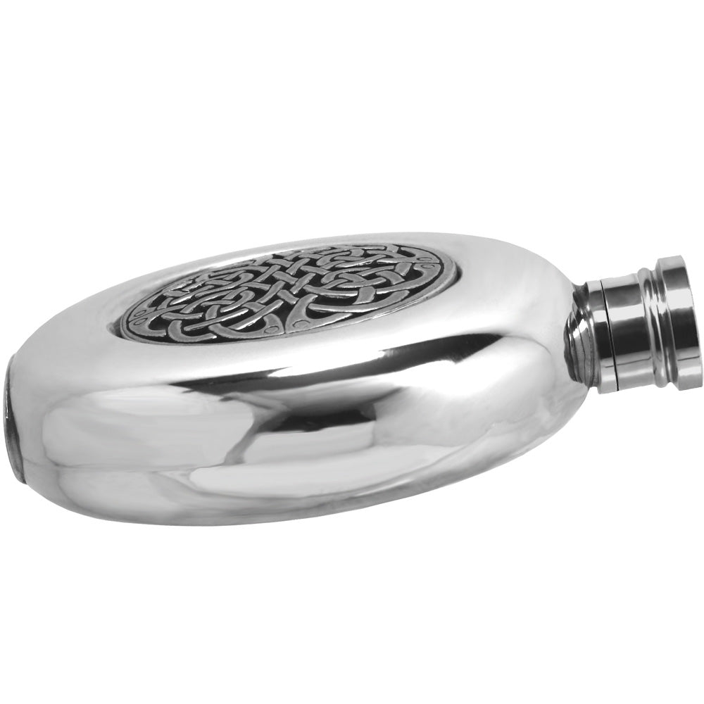 English Factory 6oz Round Pewter Hip Flask With Celtic Knot Badge