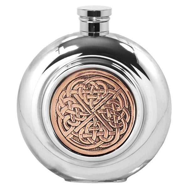 english factory 6oz Round Pewter Hip Flask with Copper Celtic Knot Badge