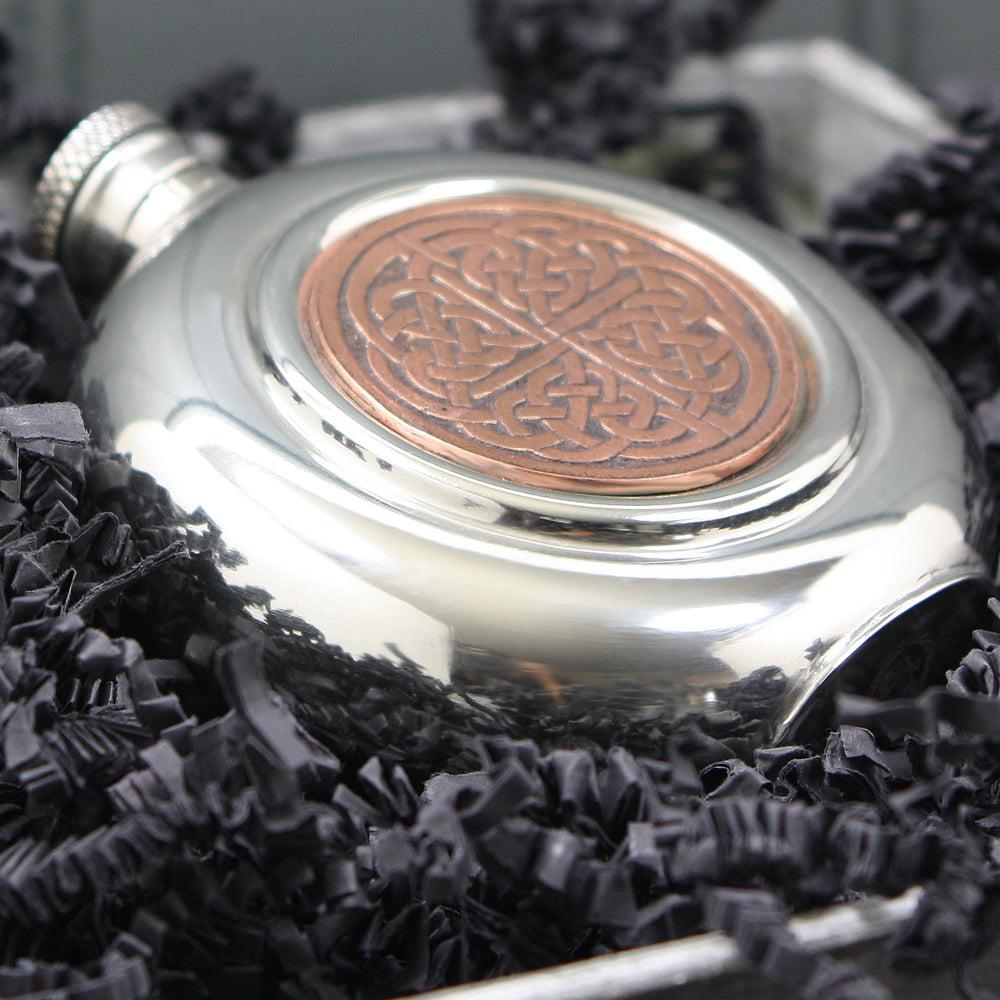 English Factory 6oz Round Pewter Hip Flask With Copper Celtic Knot Badge