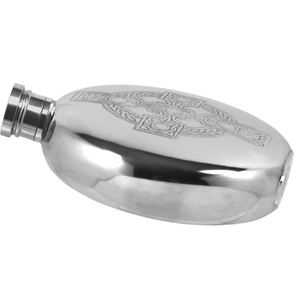 English Factory 6oz Round Pewter Hip Flask With Intricate Celtic Cross Design