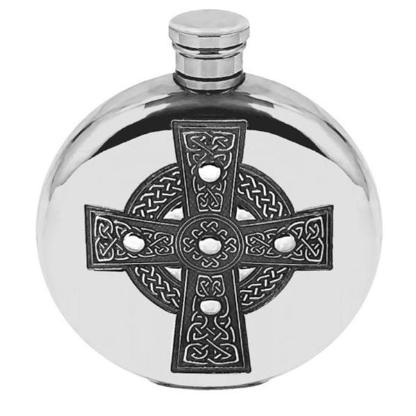 english factory 6oz Round Pewter Hip Flask with Intricate Celtic Cross Design