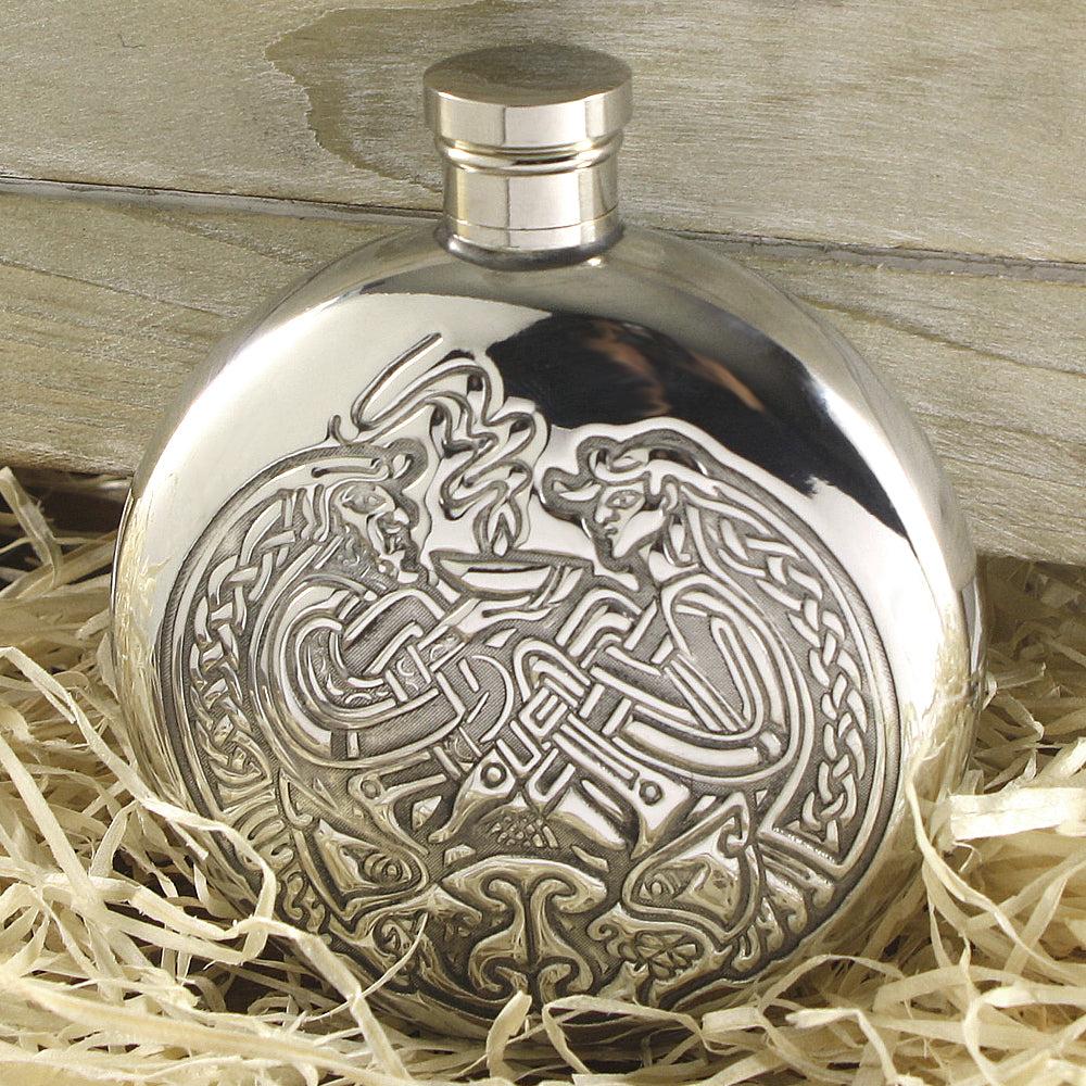 English Factory 6oz Round Pewter Hip Flask With Intricate Celtic Design