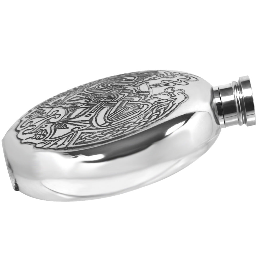 English Factory 6oz Round Pewter Hip Flask With Intricate Celtic Design