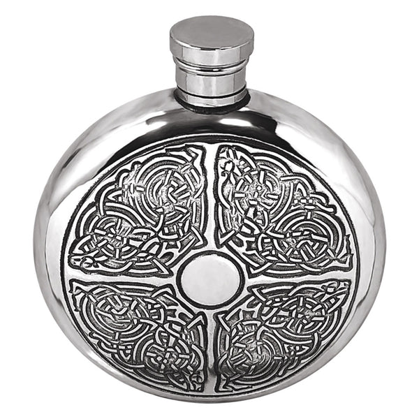 english factory 6oz Round Pewter Hip Flask with Intricate Celtic Design