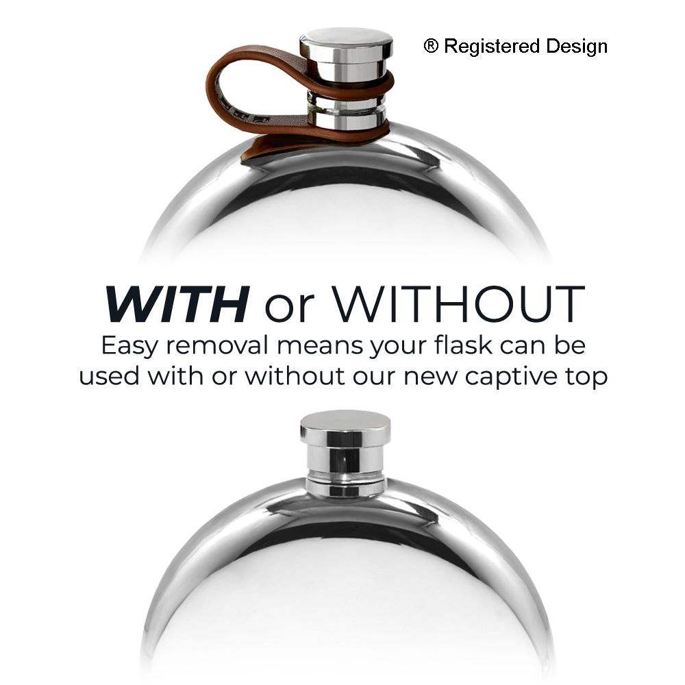 English Factory 6oz Round Pewter Hip Flask With Leather Captive Top