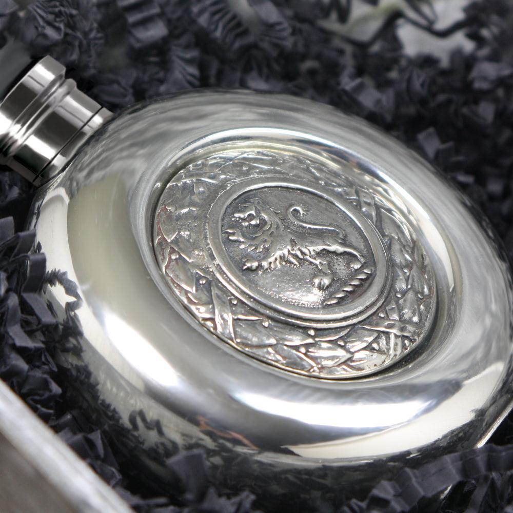English Factory 6oz Round Pewter Hip Flask With Scottish Lion Design