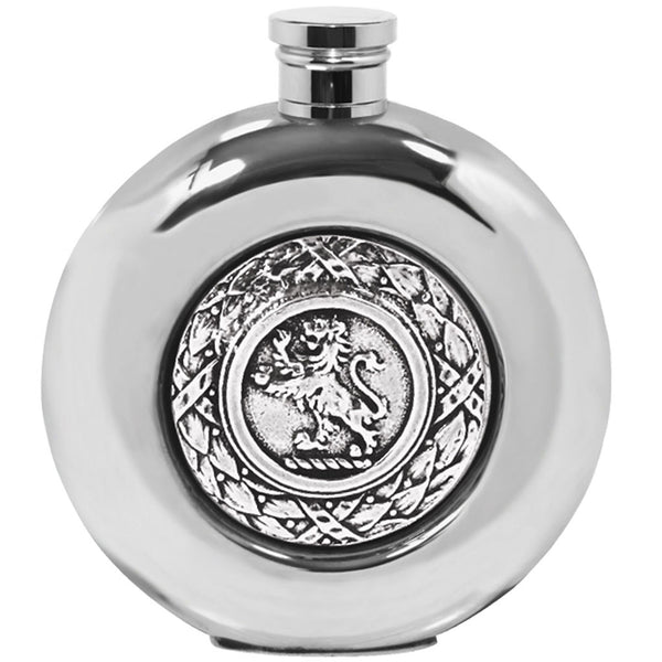 english factory 6oz Round Pewter Hip Flask with Scottish Lion Design