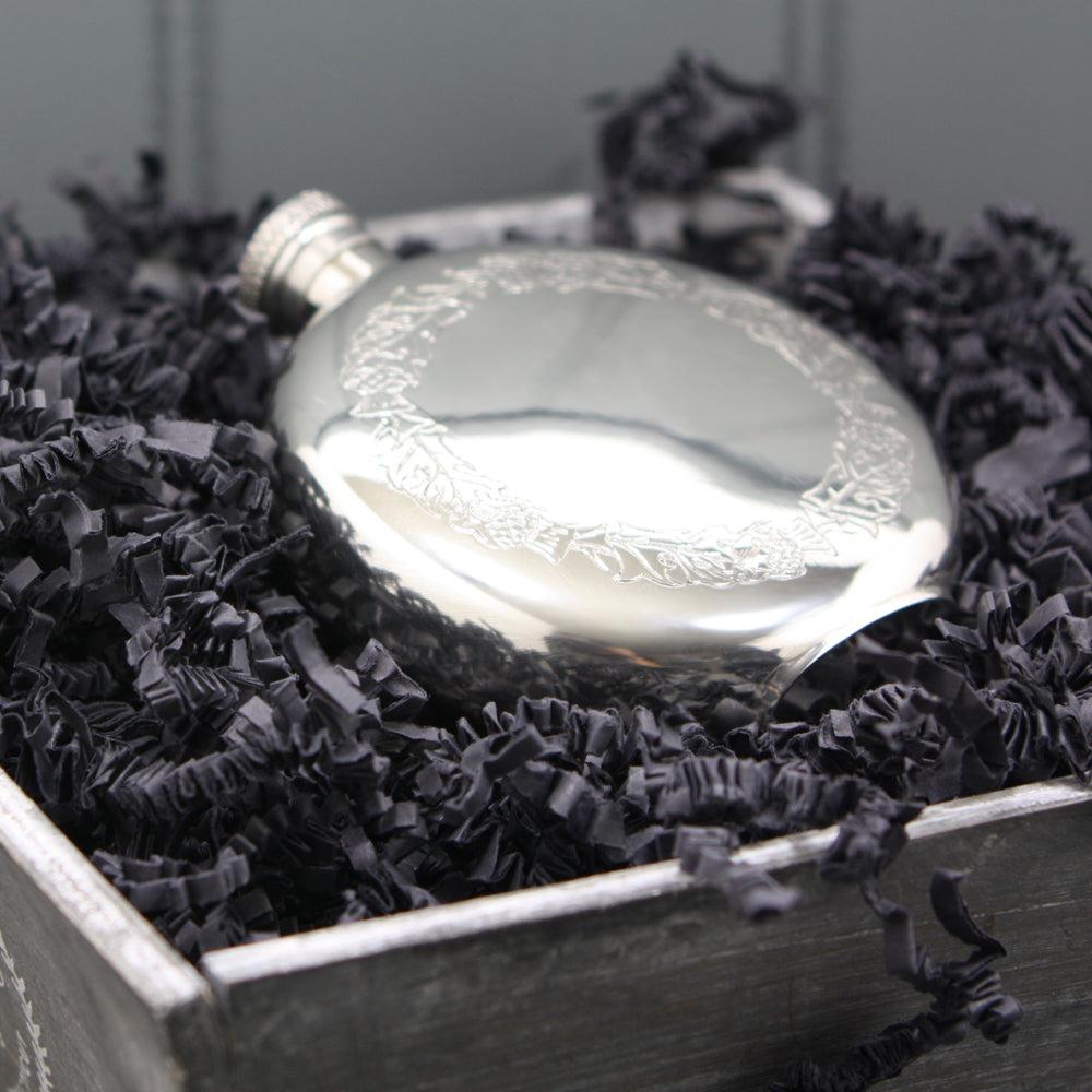 English Factory 6oz Round Pewter Hip Flask With Scottish Thistle Design