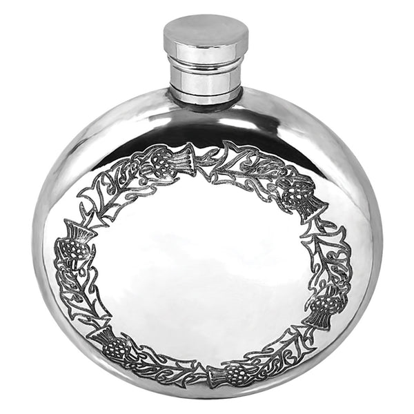 english factory 6oz Round Pewter Hip Flask with Scottish Thistle Design