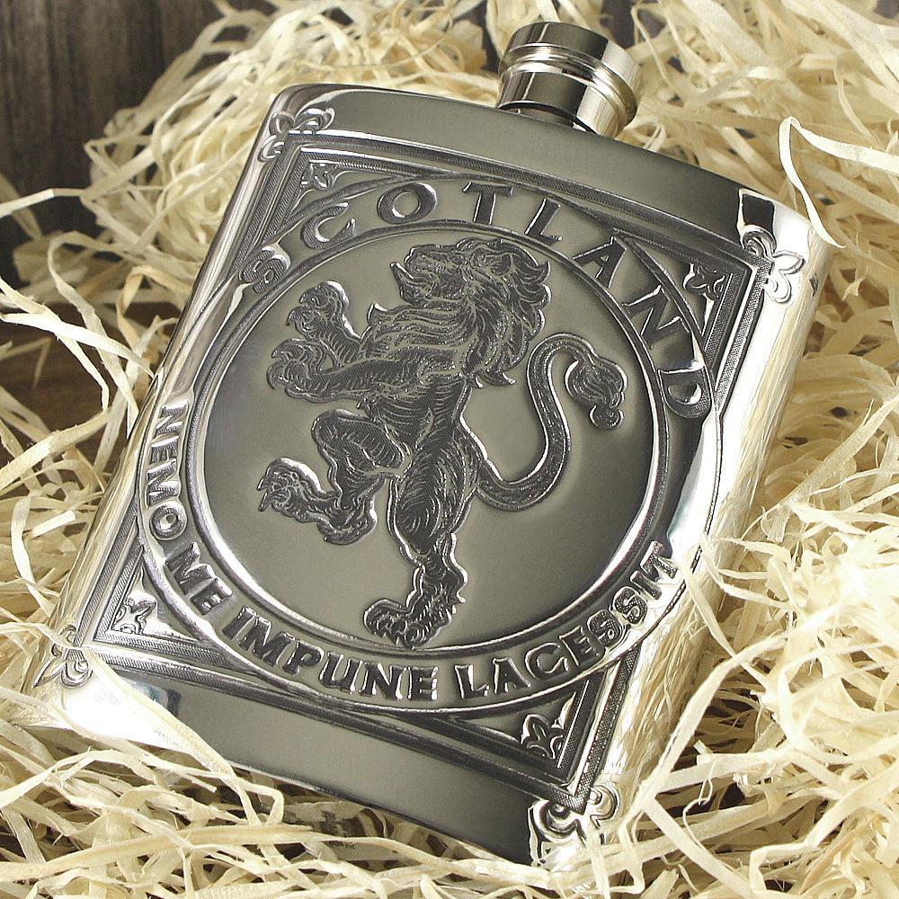English Factory 6oz Scottish Rampant Lion Pewter Hip Flask