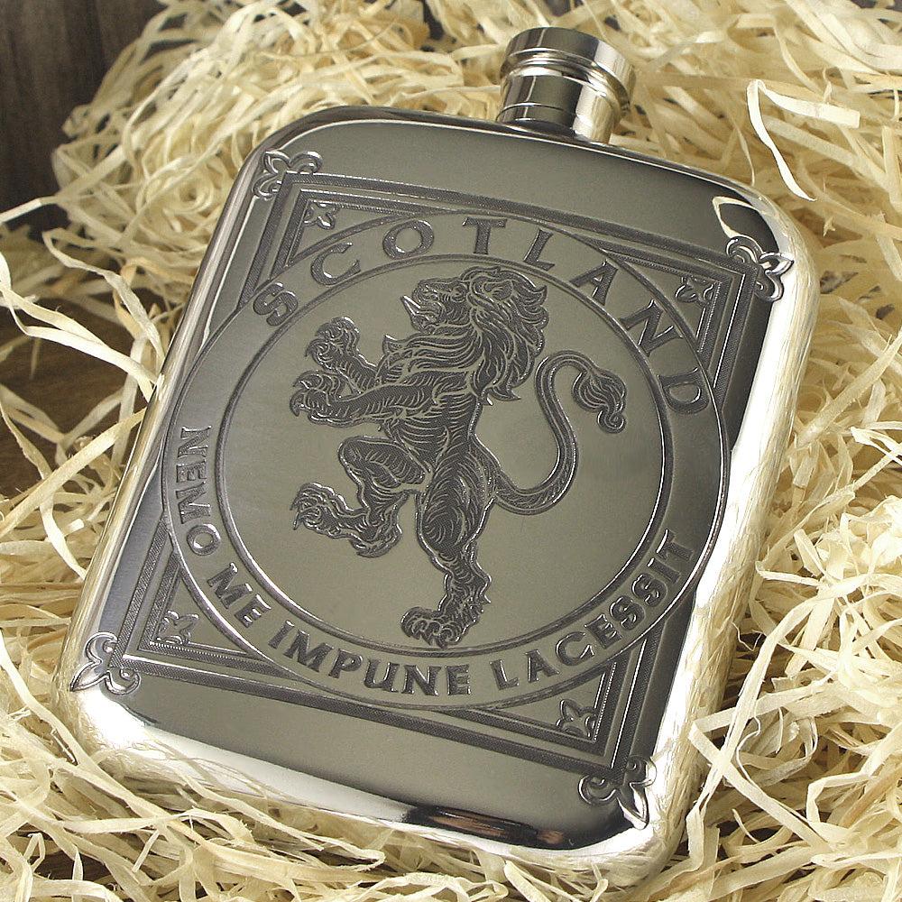 English Factory 6oz Scottish Rampant Lion Pewter Hip Flask