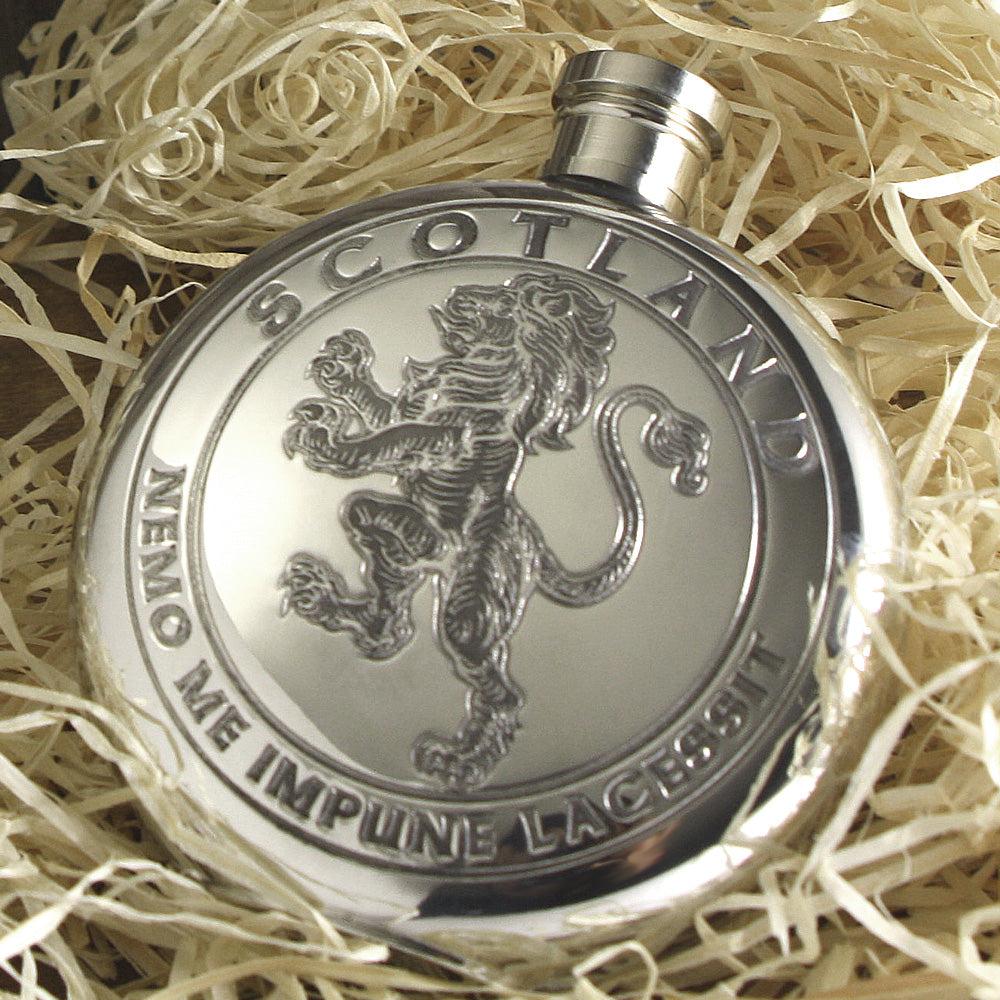 English Factory 6oz Scottish Rampant Lion Round Pewter Hip Flask