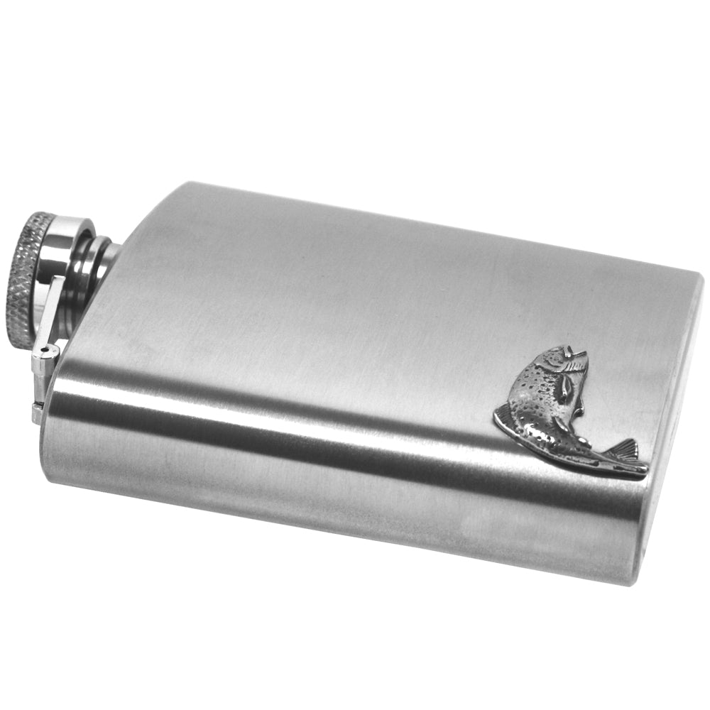 English Factory 6oz Stainless Steel Hip Flask With Pewter Fishing Trout Emblem