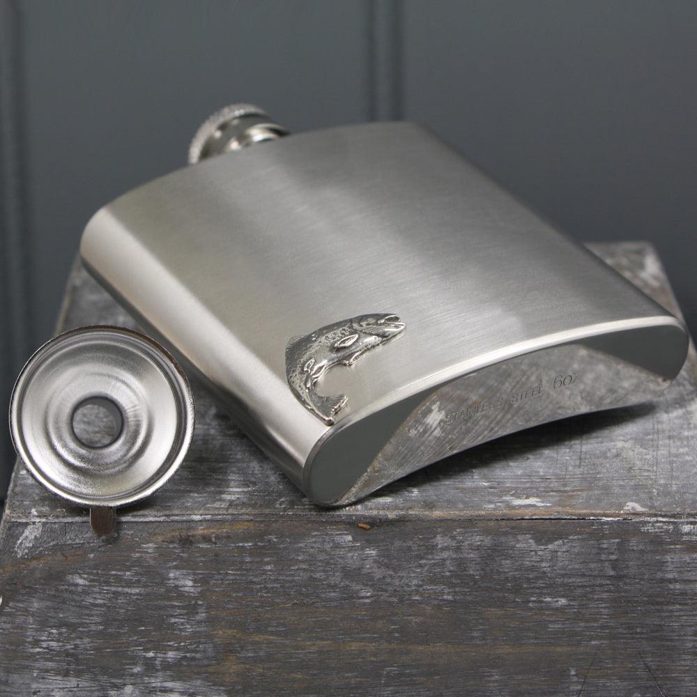 English Factory 6oz Stainless Steel Hip Flask With Pewter Fishing Trout Emblem
