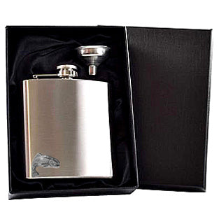 English Factory 6oz Stainless Steel Hip Flask With Pewter Fishing Trout Emblem