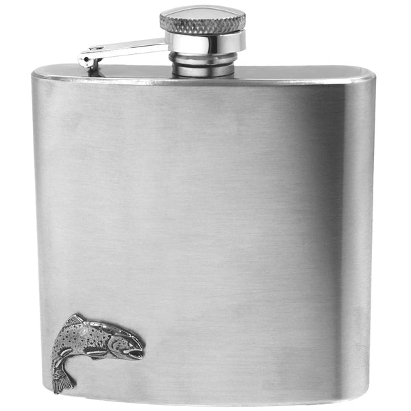 english factory 6oz Stainless Steel Hip Flask With Pewter Fishing Trout Emblem
