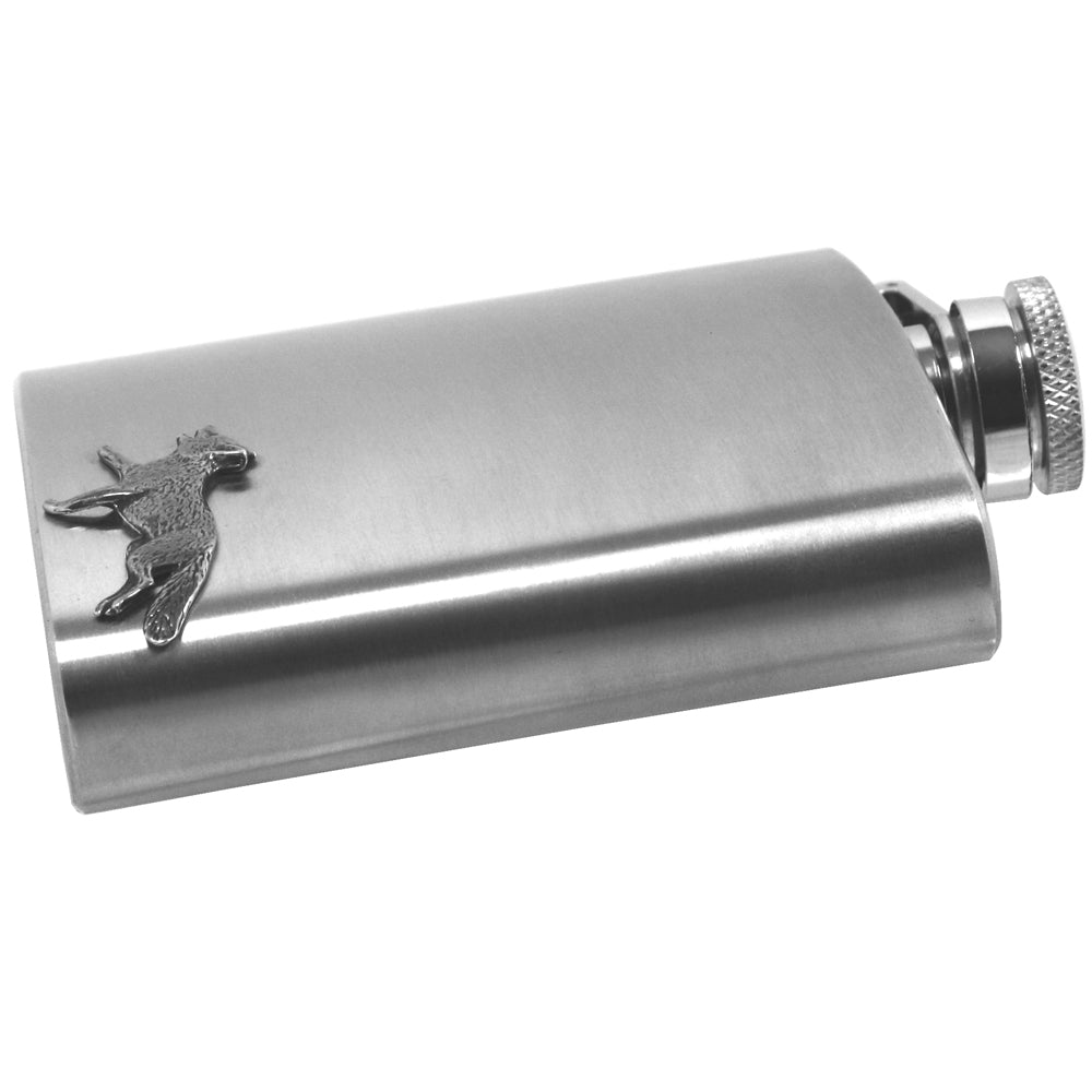 English Factory 6oz Stainless Steel Hip Flask With Pewter Fox Emblem