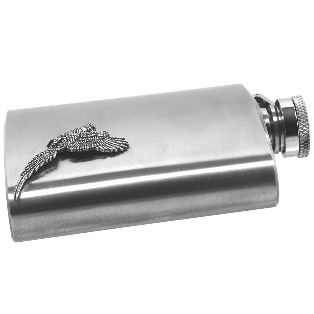 English Factory 6oz Stainless Steel Hip Flask With Pewter Pheasant Emblem