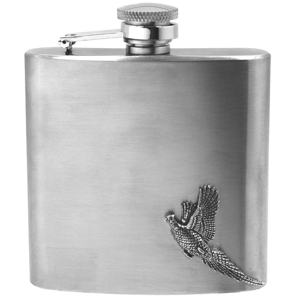 english factory 6oz Stainless Steel Hip Flask With Pewter Pheasant Emblem
