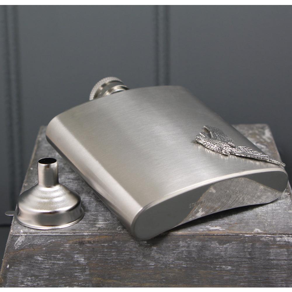 English Factory 6oz Stainless Steel Hip Flask With Pewter Pheasant Emblem