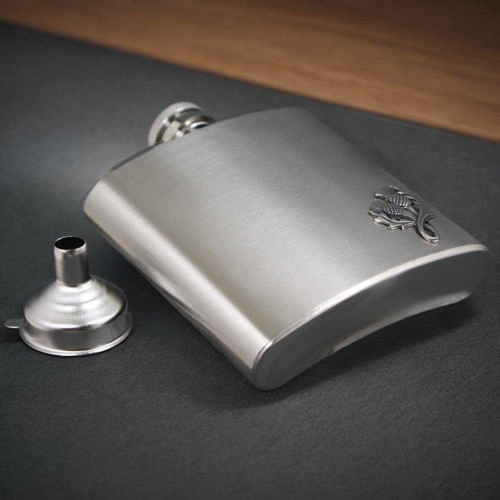 English Factory 6oz Stainless Steel Hip Flask With Pewter Scottish Thistle Emblem