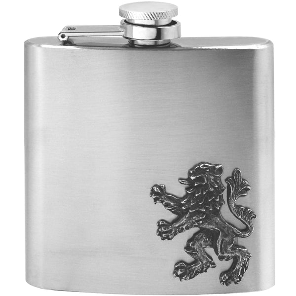 english factory 6oz Stainless Steel Hip Flask With Pewter Scottish Rampant Lion Emblem