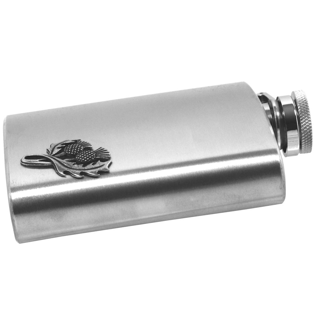 English Factory 6oz Stainless Steel Hip Flask With Pewter Scottish Thistle Emblem