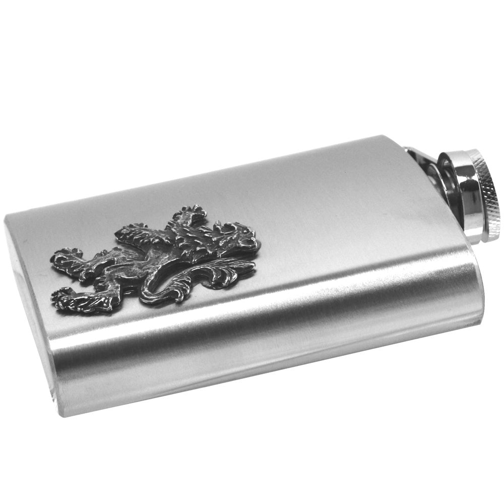 English Factory 6oz Stainless Steel Hip Flask With Pewter Scottish Rampant Lion Emblem