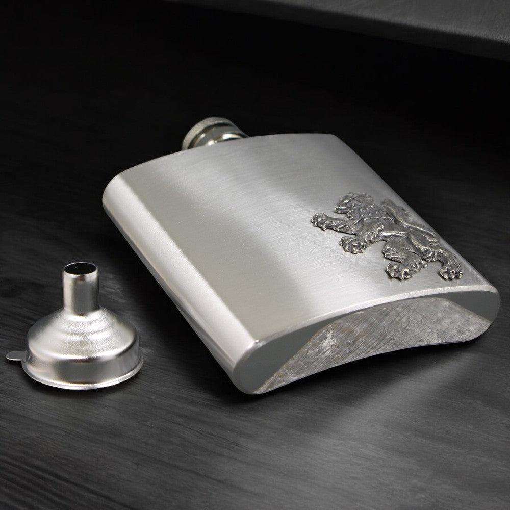 English Factory 6oz Stainless Steel Hip Flask With Pewter Scottish Rampant Lion Emblem