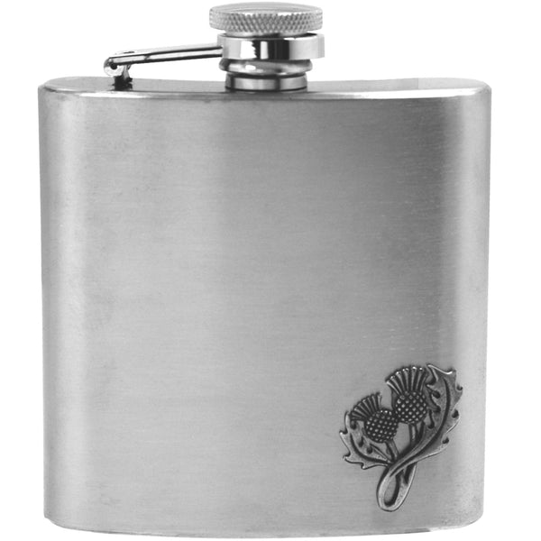 english factory 6oz Stainless Steel Hip Flask With Pewter Scottish Thistle Emblem