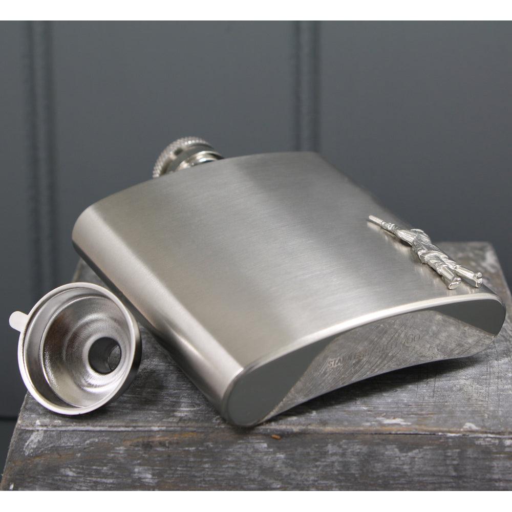 English Factory 6oz Stainless Steel Hip Flask With Pewter Shooting Emblem