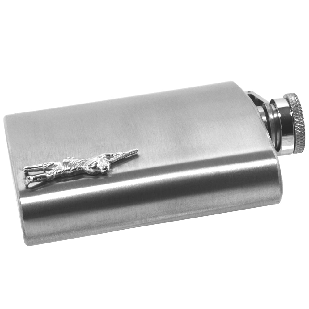 English Factory 6oz Stainless Steel Hip Flask With Pewter Shooting Emblem